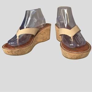 Sam Edelman Romy Thong Patent Wedge Sandal Cork Platform Beige Tan Size 10.5